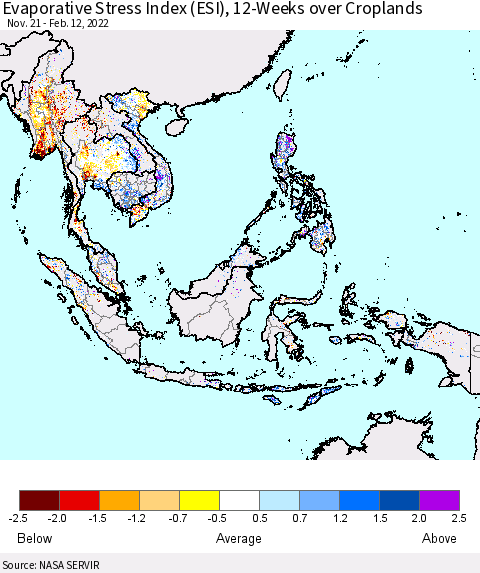 South East Asia Evaporative Stress Index (ESI), 12-Weeks over Croplands Thematic Map For 2/7/2022 - 2/13/2022