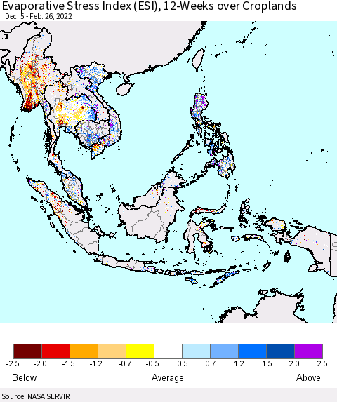 South East Asia Evaporative Stress Index (ESI), 12-Weeks over Croplands Thematic Map For 2/21/2022 - 2/27/2022