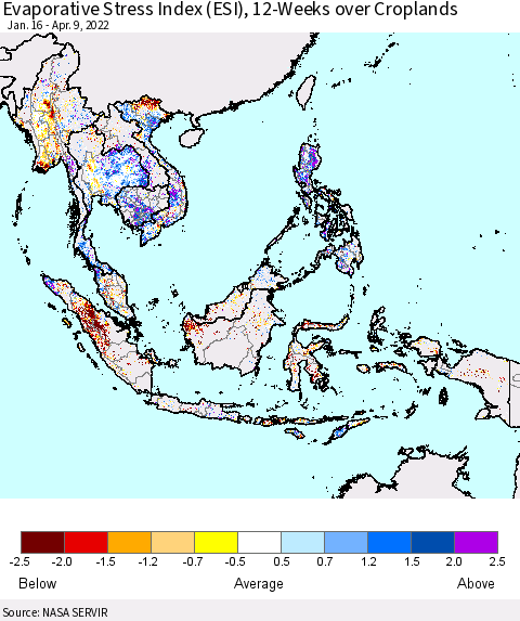 South East Asia Evaporative Stress Index (ESI), 12-Weeks over Croplands Thematic Map For 4/4/2022 - 4/10/2022