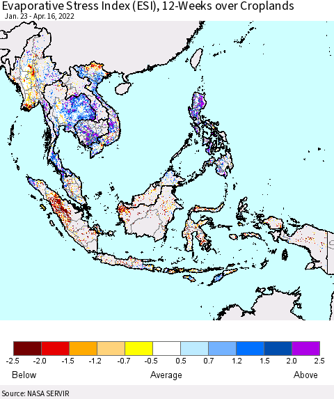 South East Asia Evaporative Stress Index (ESI), 12-Weeks over Croplands Thematic Map For 4/11/2022 - 4/17/2022