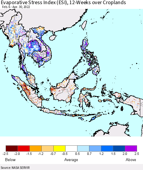 South East Asia Evaporative Stress Index (ESI), 12-Weeks over Croplands Thematic Map For 4/25/2022 - 5/1/2022