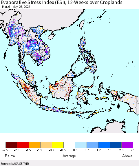 South East Asia Evaporative Stress Index (ESI), 12-Weeks over Croplands Thematic Map For 5/23/2022 - 5/29/2022