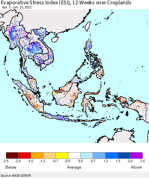 South East Asia Evaporative Stress Index (ESI), 12-Weeks over Croplands Thematic Map For 6/20/2022 - 6/26/2022
