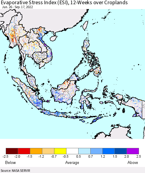 South East Asia Evaporative Stress Index (ESI), 12-Weeks over Croplands Thematic Map For 9/12/2022 - 9/18/2022