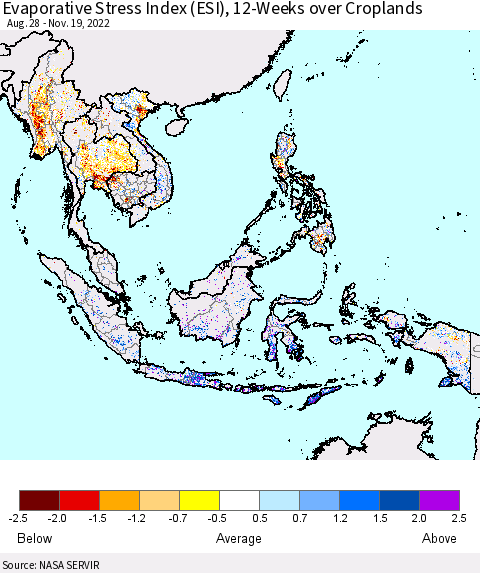 South East Asia Evaporative Stress Index (ESI), 12-Weeks over Croplands Thematic Map For 11/14/2022 - 11/20/2022