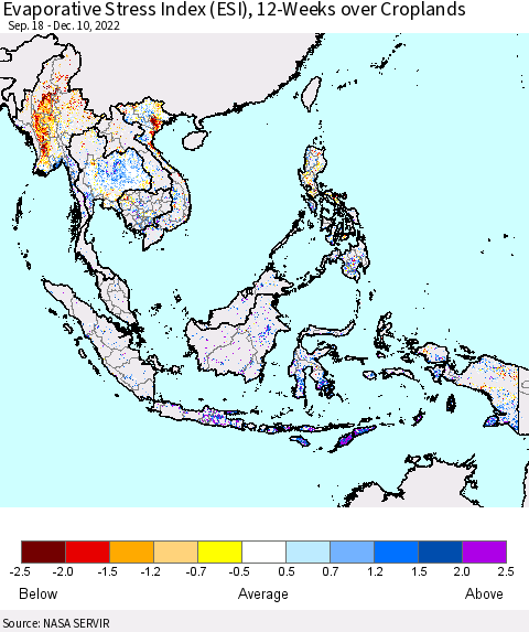 South East Asia Evaporative Stress Index (ESI), 12-Weeks over Croplands Thematic Map For 12/5/2022 - 12/11/2022