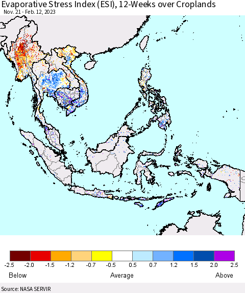 South East Asia Evaporative Stress Index (ESI), 12-Weeks over Croplands Thematic Map For 2/6/2023 - 2/12/2023