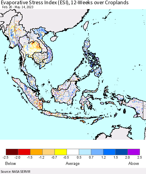 South East Asia Evaporative Stress Index (ESI), 12-Weeks over Croplands Thematic Map For 5/8/2023 - 5/14/2023