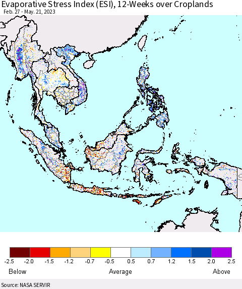 South East Asia Evaporative Stress Index (ESI), 12-Weeks over Croplands Thematic Map For 5/15/2023 - 5/21/2023
