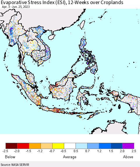 South East Asia Evaporative Stress Index (ESI), 12-Weeks over Croplands Thematic Map For 6/19/2023 - 6/25/2023