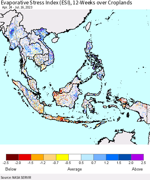 South East Asia Evaporative Stress Index (ESI), 12-Weeks over Croplands Thematic Map For 7/10/2023 - 7/16/2023