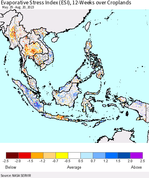 South East Asia Evaporative Stress Index (ESI), 12-Weeks over Croplands Thematic Map For 8/14/2023 - 8/20/2023