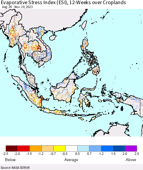 South East Asia Evaporative Stress Index (ESI), 12-Weeks over Croplands Thematic Map For 11/13/2023 - 11/19/2023