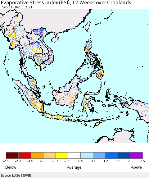 South East Asia Evaporative Stress Index (ESI), 12-Weeks over Croplands Thematic Map For 11/27/2023 - 12/3/2023