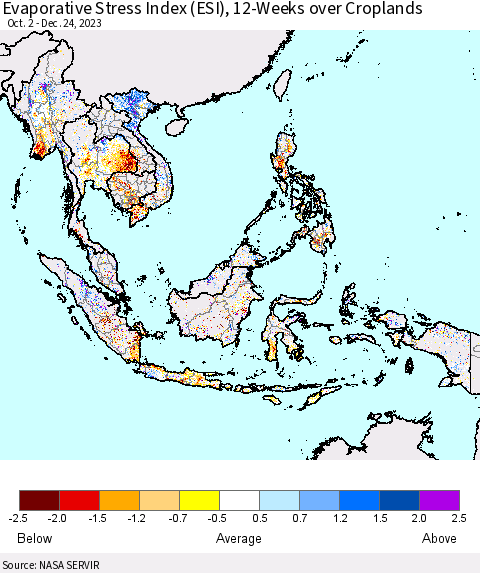 South East Asia Evaporative Stress Index (ESI), 12-Weeks over Croplands Thematic Map For 12/18/2023 - 12/24/2023