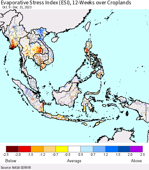 South East Asia Evaporative Stress Index (ESI), 12-Weeks over Croplands Thematic Map For 1/1/2024 - 1/7/2024