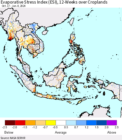 South East Asia Evaporative Stress Index (ESI), 12-Weeks over Croplands Thematic Map For 1/8/2024 - 1/14/2024