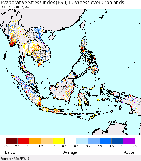 South East Asia Evaporative Stress Index (ESI), 12-Weeks over Croplands Thematic Map For 1/15/2024 - 1/21/2024