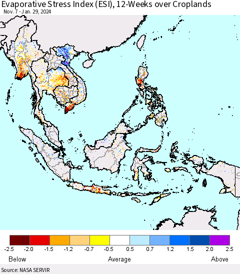 South East Asia Evaporative Stress Index (ESI), 12-Weeks over Croplands Thematic Map For 1/29/2024 - 2/4/2024