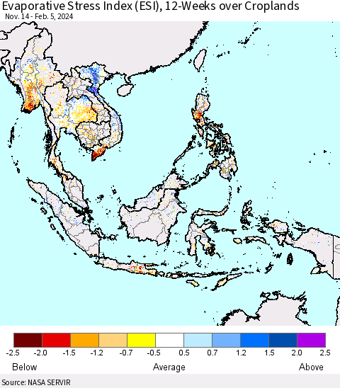 South East Asia Evaporative Stress Index (ESI), 12-Weeks over Croplands Thematic Map For 2/5/2024 - 2/11/2024