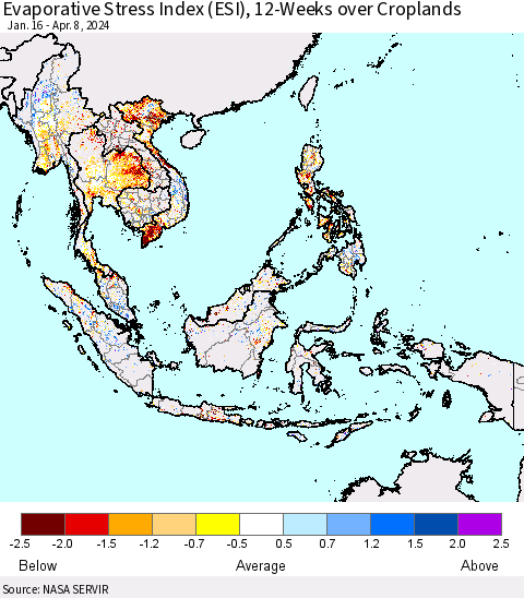 South East Asia Evaporative Stress Index (ESI), 12-Weeks over Croplands Thematic Map For 4/8/2024 - 4/14/2024