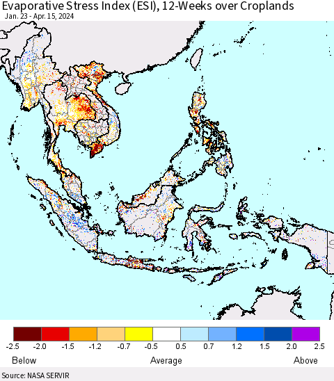 South East Asia Evaporative Stress Index (ESI), 12-Weeks over Croplands Thematic Map For 4/15/2024 - 4/21/2024
