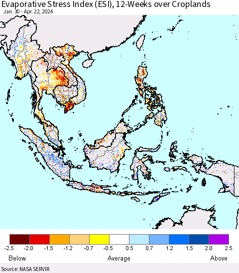 South East Asia Evaporative Stress Index (ESI), 12-Weeks over Croplands Thematic Map For 4/22/2024 - 4/28/2024