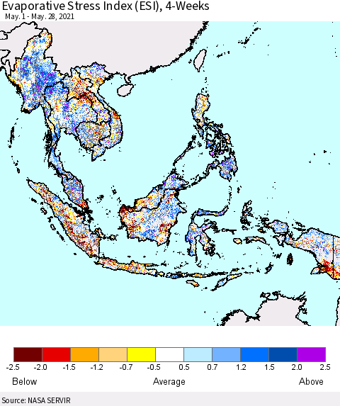 South East Asia Evaporative Stress Index (ESI), 4-Weeks Thematic Map For 5/24/2021 - 5/30/2021