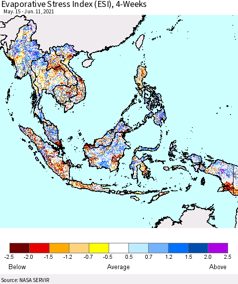 South East Asia Evaporative Stress Index (ESI), 4-Weeks Thematic Map For 6/7/2021 - 6/13/2021