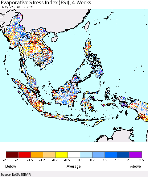 South East Asia Evaporative Stress Index (ESI), 4-Weeks Thematic Map For 6/14/2021 - 6/20/2021