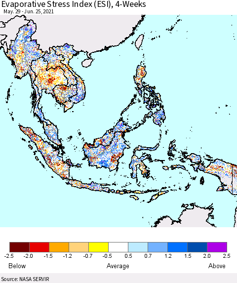 South East Asia Evaporative Stress Index (ESI), 4-Weeks Thematic Map For 6/21/2021 - 6/27/2021