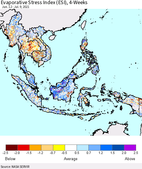 South East Asia Evaporative Stress Index (ESI), 4-Weeks Thematic Map For 7/5/2021 - 7/11/2021