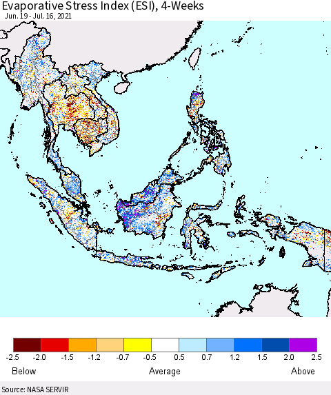 South East Asia Evaporative Stress Index (ESI), 4-Weeks Thematic Map For 7/12/2021 - 7/18/2021