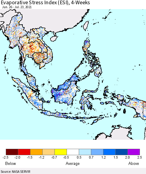 South East Asia Evaporative Stress Index (ESI), 4-Weeks Thematic Map For 7/19/2021 - 7/25/2021