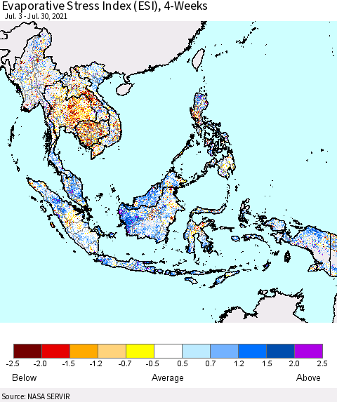 South East Asia Evaporative Stress Index (ESI), 4-Weeks Thematic Map For 7/26/2021 - 8/1/2021