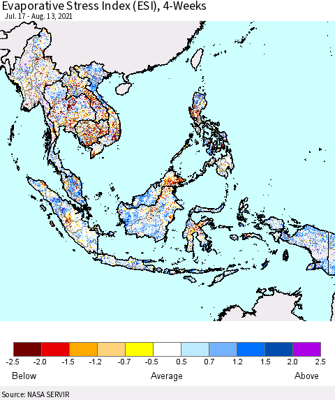 South East Asia Evaporative Stress Index (ESI), 4-Weeks Thematic Map For 8/9/2021 - 8/15/2021