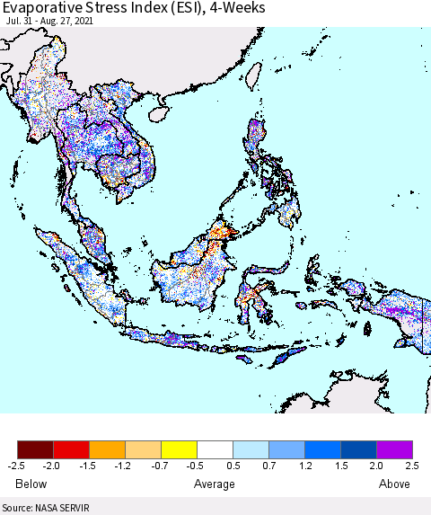 South East Asia Evaporative Stress Index (ESI), 4-Weeks Thematic Map For 8/23/2021 - 8/29/2021