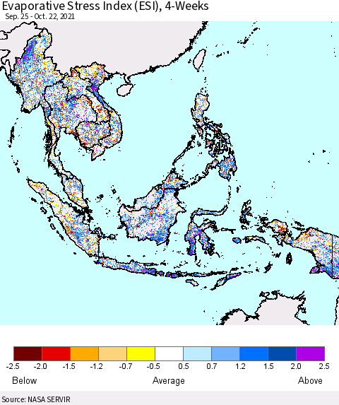South East Asia Evaporative Stress Index (ESI), 4-Weeks Thematic Map For 10/18/2021 - 10/24/2021