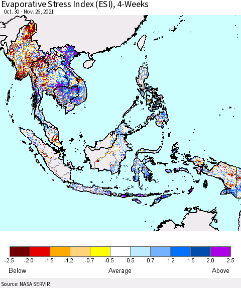 South East Asia Evaporative Stress Index (ESI), 4-Weeks Thematic Map For 11/22/2021 - 11/28/2021