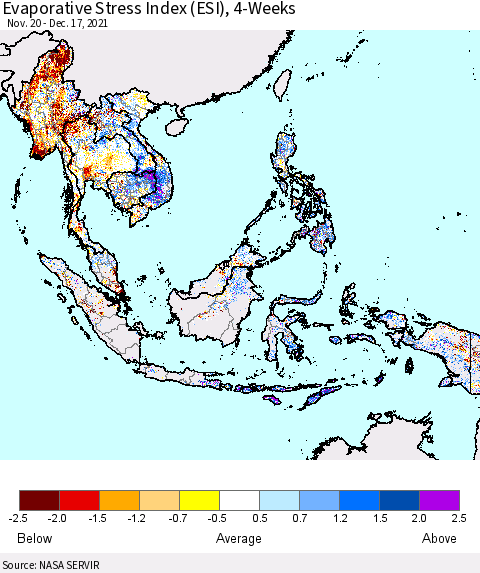 South East Asia Evaporative Stress Index (ESI), 4-Weeks Thematic Map For 12/13/2021 - 12/19/2021