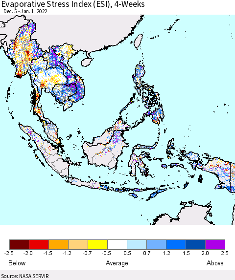 South East Asia Evaporative Stress Index (ESI), 4-Weeks Thematic Map For 12/27/2021 - 1/2/2022