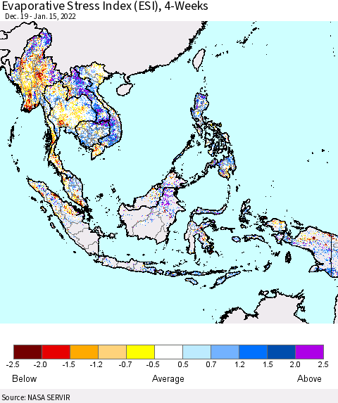 South East Asia Evaporative Stress Index (ESI), 4-Weeks Thematic Map For 1/10/2022 - 1/16/2022