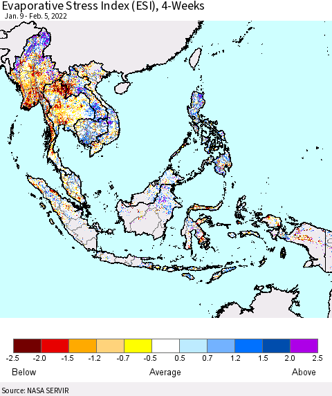 South East Asia Evaporative Stress Index (ESI), 4-Weeks Thematic Map For 1/31/2022 - 2/6/2022