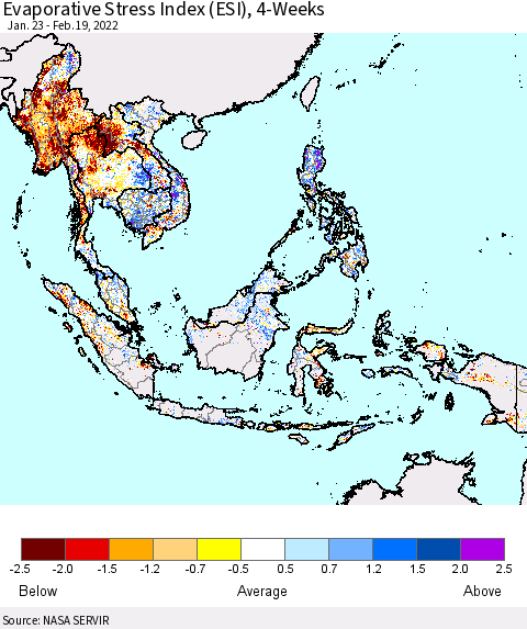 South East Asia Evaporative Stress Index (ESI), 4-Weeks Thematic Map For 2/14/2022 - 2/20/2022
