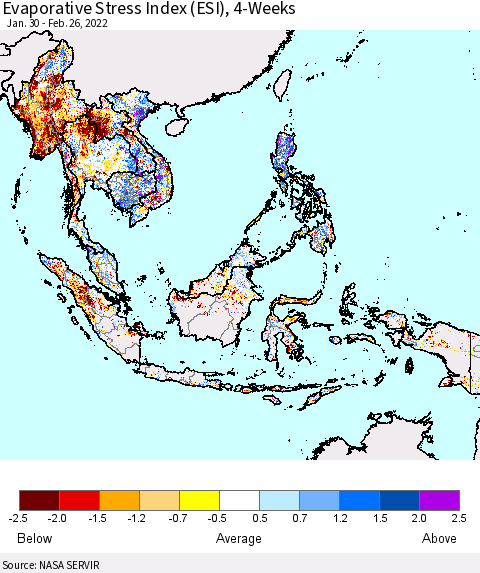 South East Asia Evaporative Stress Index (ESI), 4-Weeks Thematic Map For 2/21/2022 - 2/27/2022