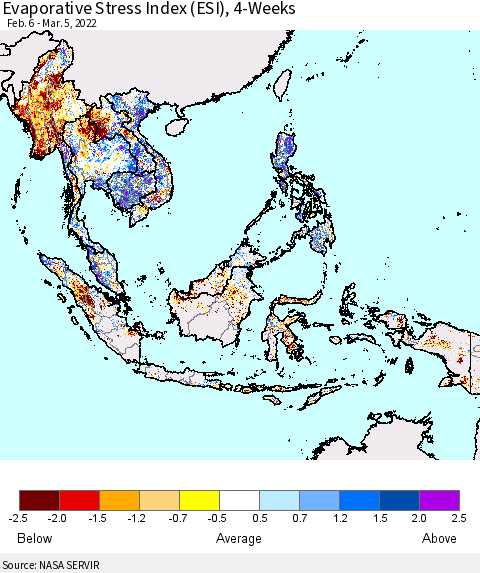 South East Asia Evaporative Stress Index (ESI), 4-Weeks Thematic Map For 2/28/2022 - 3/6/2022