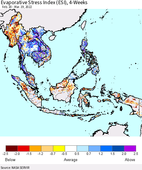 South East Asia Evaporative Stress Index (ESI), 4-Weeks Thematic Map For 3/14/2022 - 3/20/2022