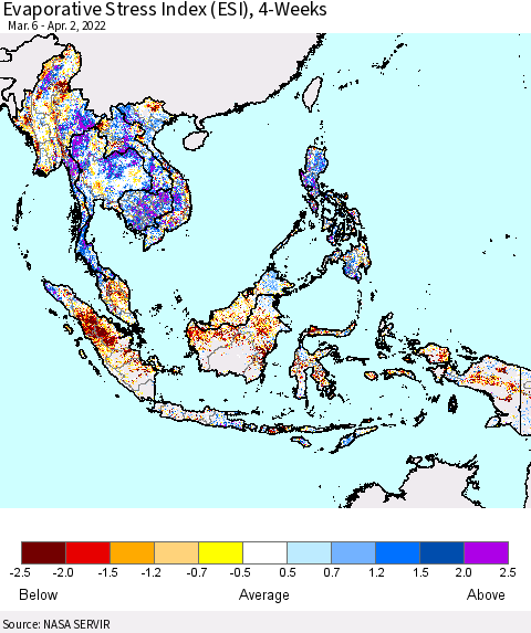 South East Asia Evaporative Stress Index (ESI), 4-Weeks Thematic Map For 3/28/2022 - 4/3/2022