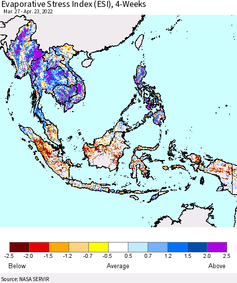 South East Asia Evaporative Stress Index (ESI), 4-Weeks Thematic Map For 4/18/2022 - 4/24/2022