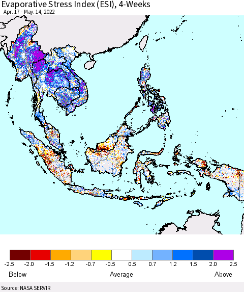 South East Asia Evaporative Stress Index (ESI), 4-Weeks Thematic Map For 5/9/2022 - 5/15/2022